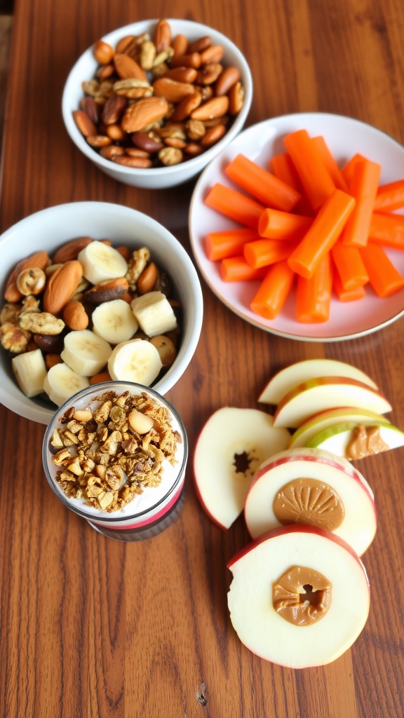 An array of quick snacks including nuts, carrots with hummus, yogurt parfait, and apple slices with peanut butter.